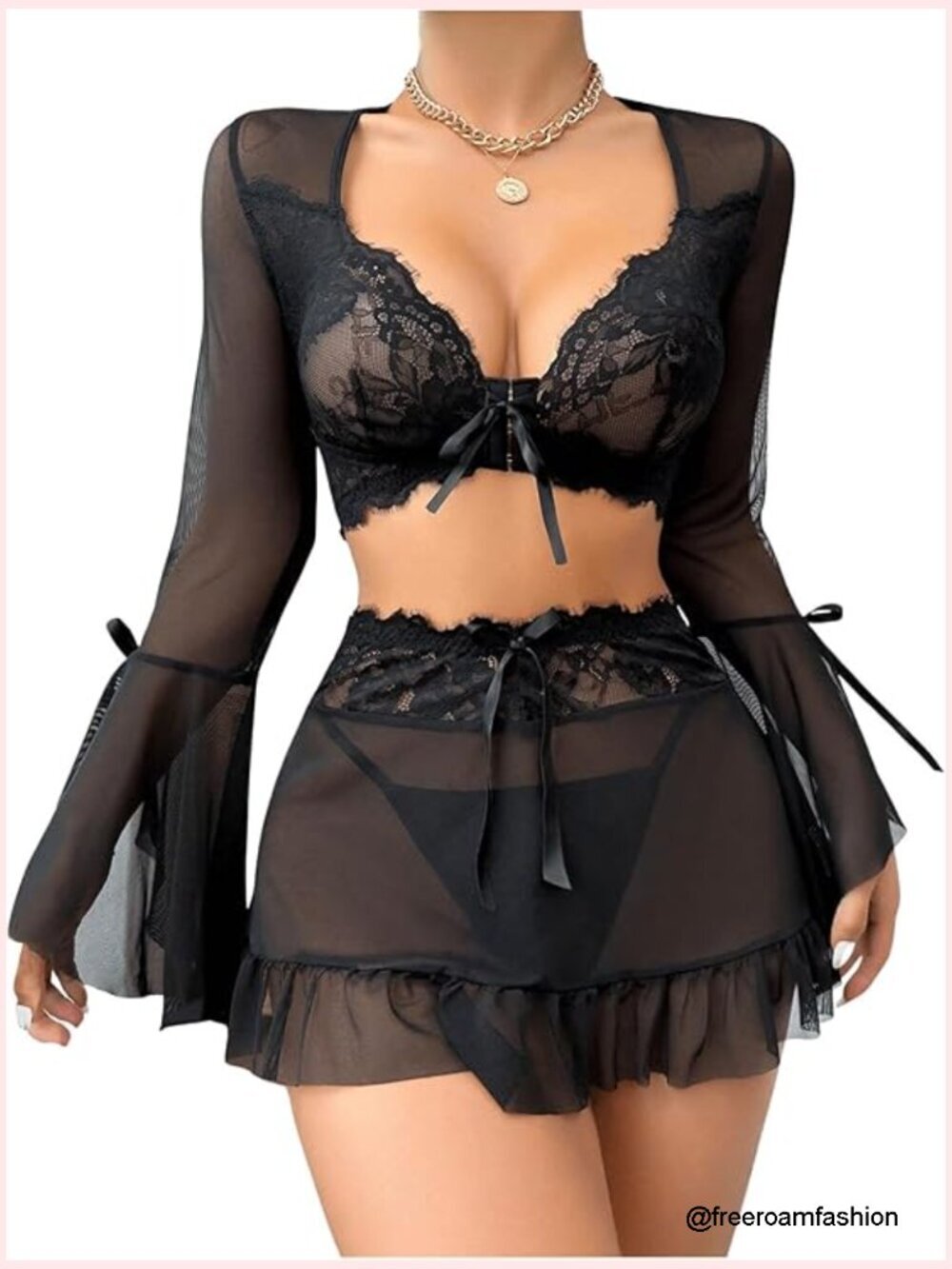 Sheer Lace Long Sleeve Bralette V String Thong Skirt 3 Piece Set